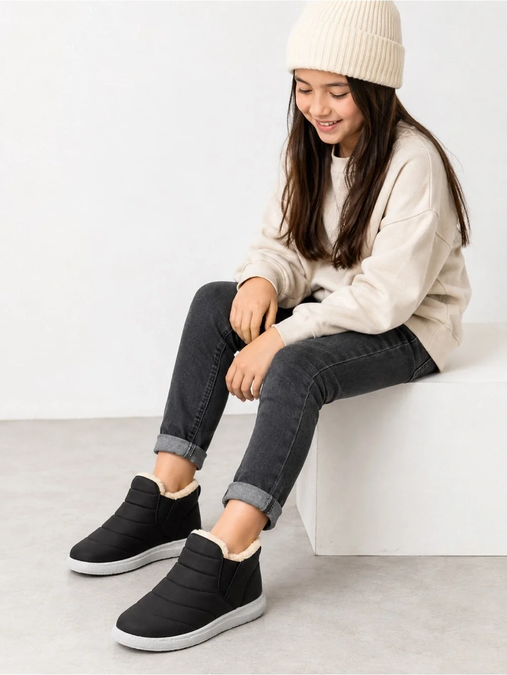Kids Black Puffer Slip-On Shoes with Cream Faux-Fur Lining